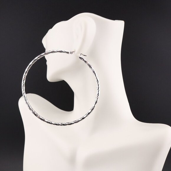 Statement Jewelry Women's Sterling Silver Extra Large Twisted Rope Hoop Earrings - Picture 6 of 9
